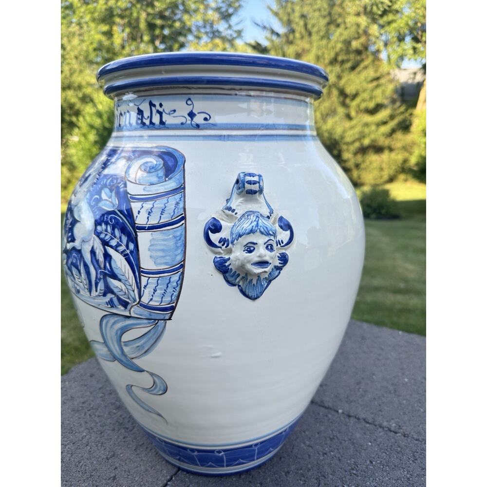 VTG Italian Majolica Blue & White Apothecary Jar Urn Unicorn Medicinali 18.5” - Picture 5 of 12